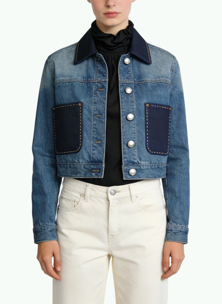 Women's Contrast-panel Denim Button-front Coat