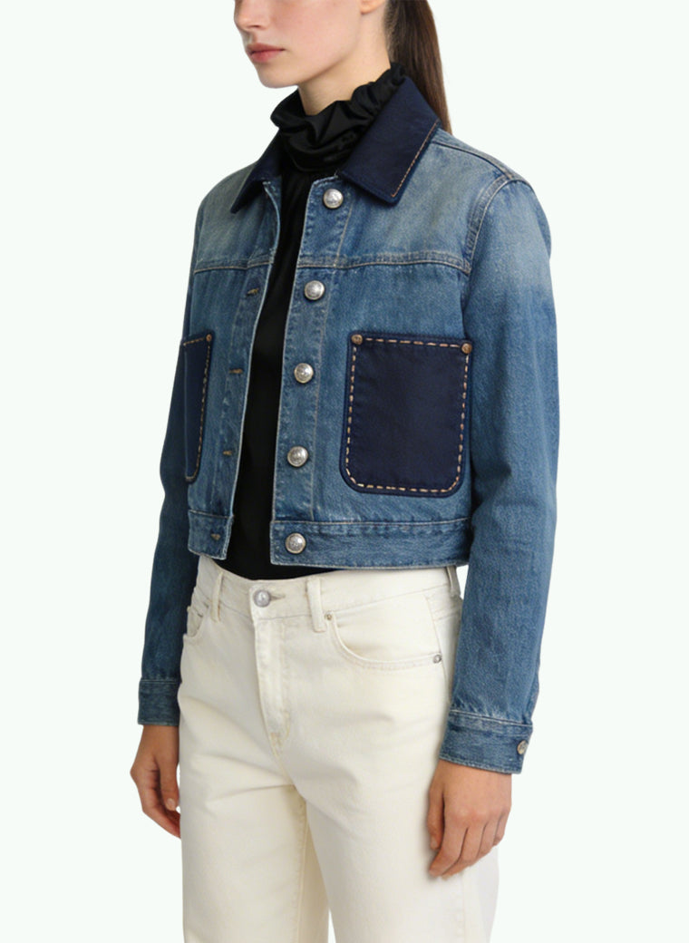 Women's Contrast-panel Denim Button-front Coat