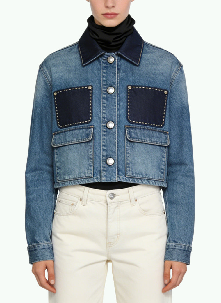Women's Retro Contrast-panel Denim Coat