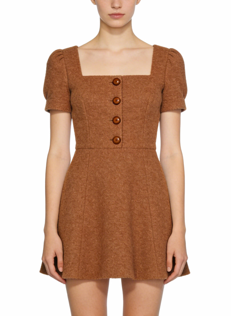 Simple Square Neck Puff Sleeve Versatile Casual Dress