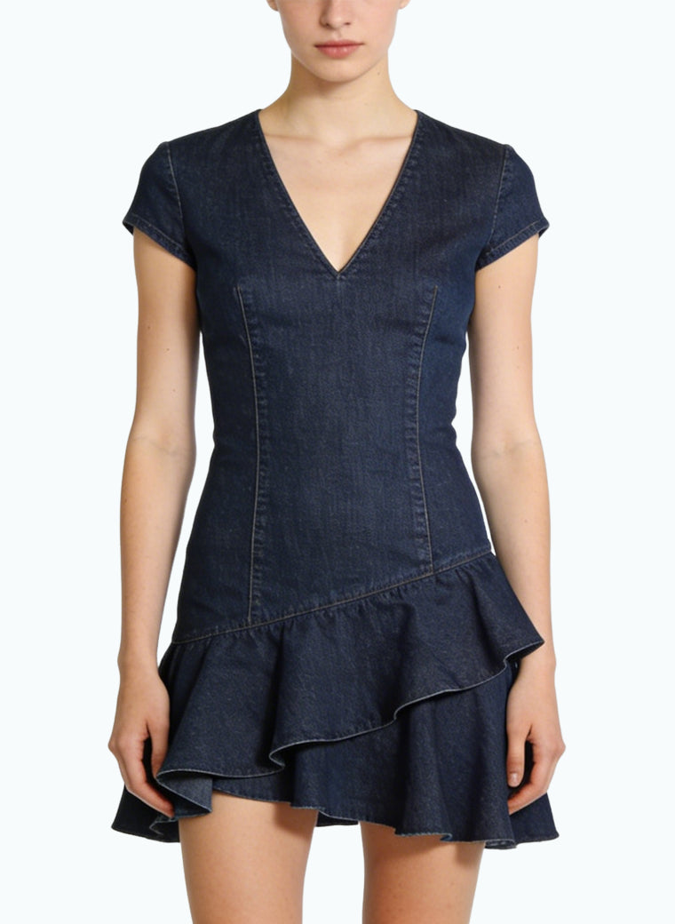 V-Neck Fitted Waist Casual Versatile Denim Style Dress