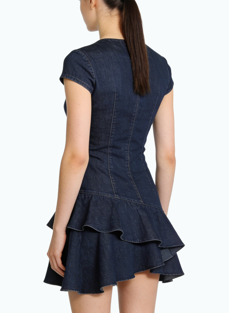 V-Neck Fitted Waist Casual Versatile Denim Style Dress