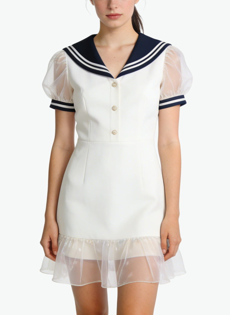 Sailor Collar Puff Sleeve Waist-Defining Sweet Dress for Women