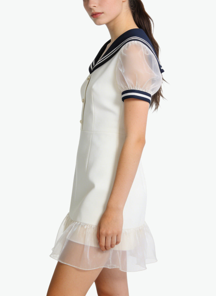 Sailor Collar Puff Sleeve Waist-Defining Sweet Dress for Women