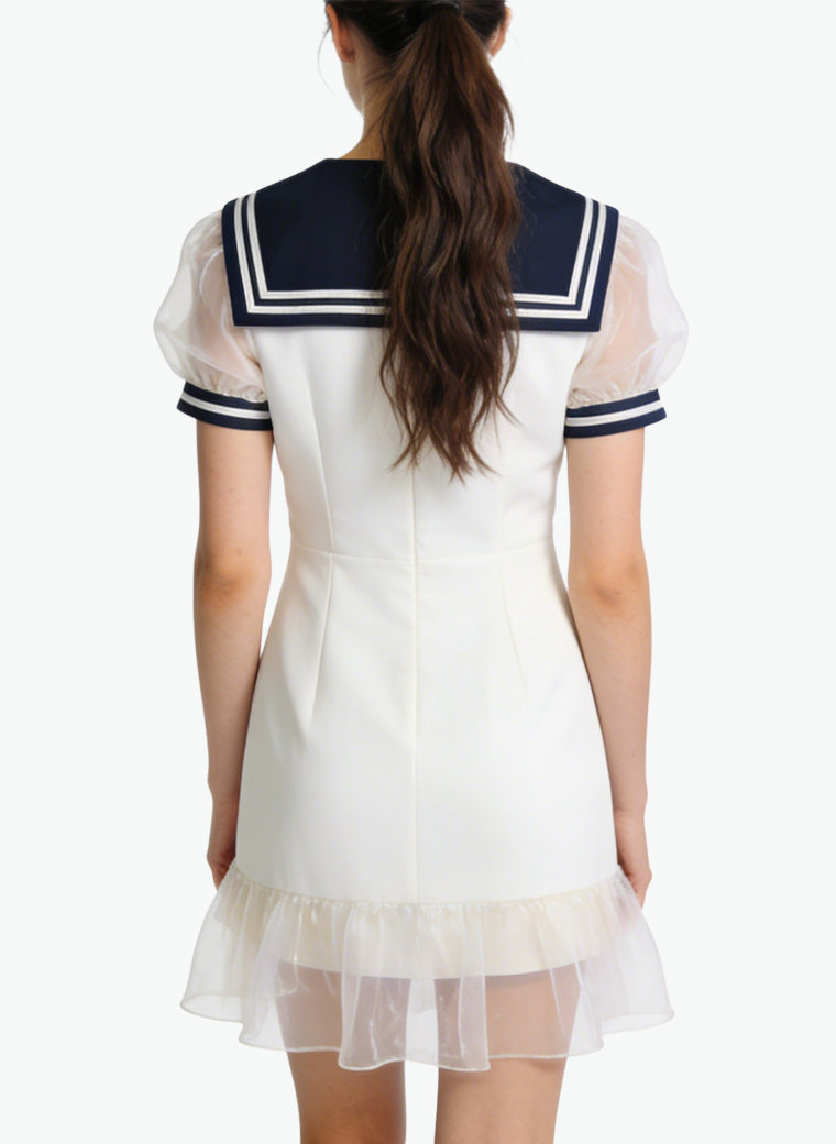 Sailor Collar Puff Sleeve Waist-Defining Sweet Dress for Women