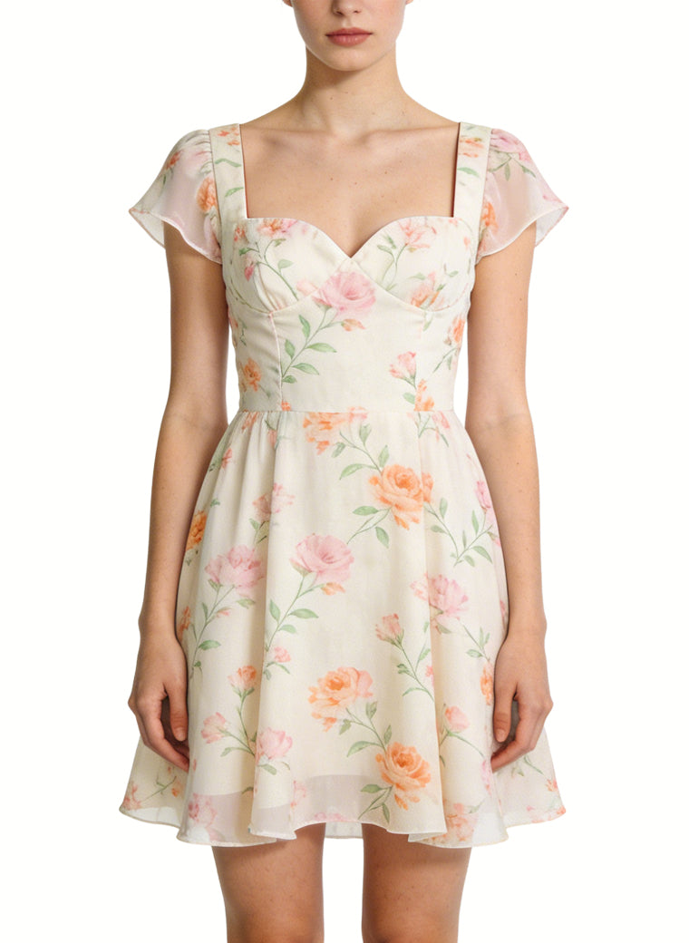 Square Neck Floral Print Gentle Pastoral Style Dress