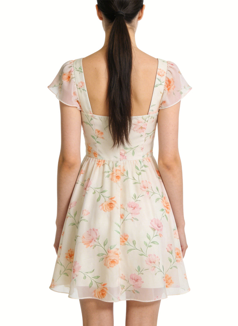 Square Neck Floral Print Gentle Pastoral Style Dress