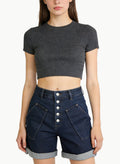 Women's Denim Shorts with Multi-Button Flap Decoration