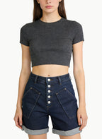 Women's Denim Shorts with Multi-Button Flap Decoration