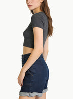 Women's Denim Shorts with Multi-Button Flap Decoration