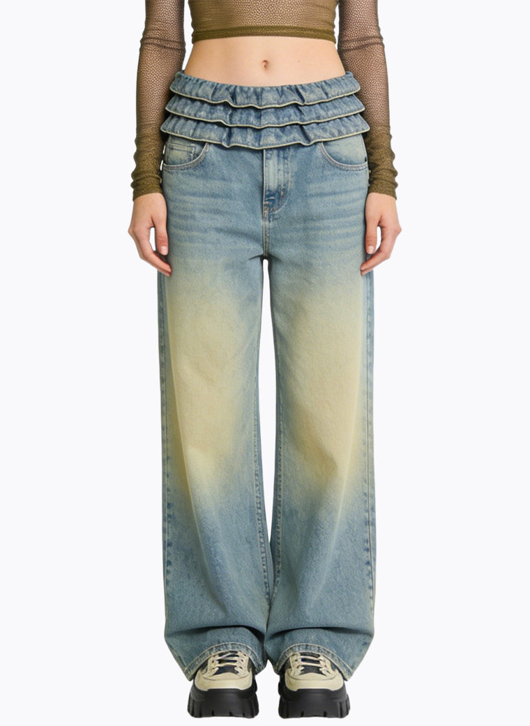 Women's Gathered-waist Fashionable Wide-leg Jeans