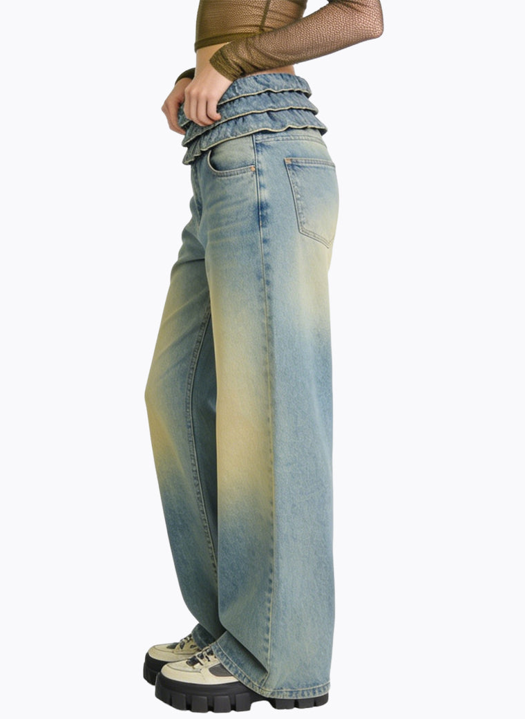 Women's Gathered-waist Fashionable Wide-leg Jeans
