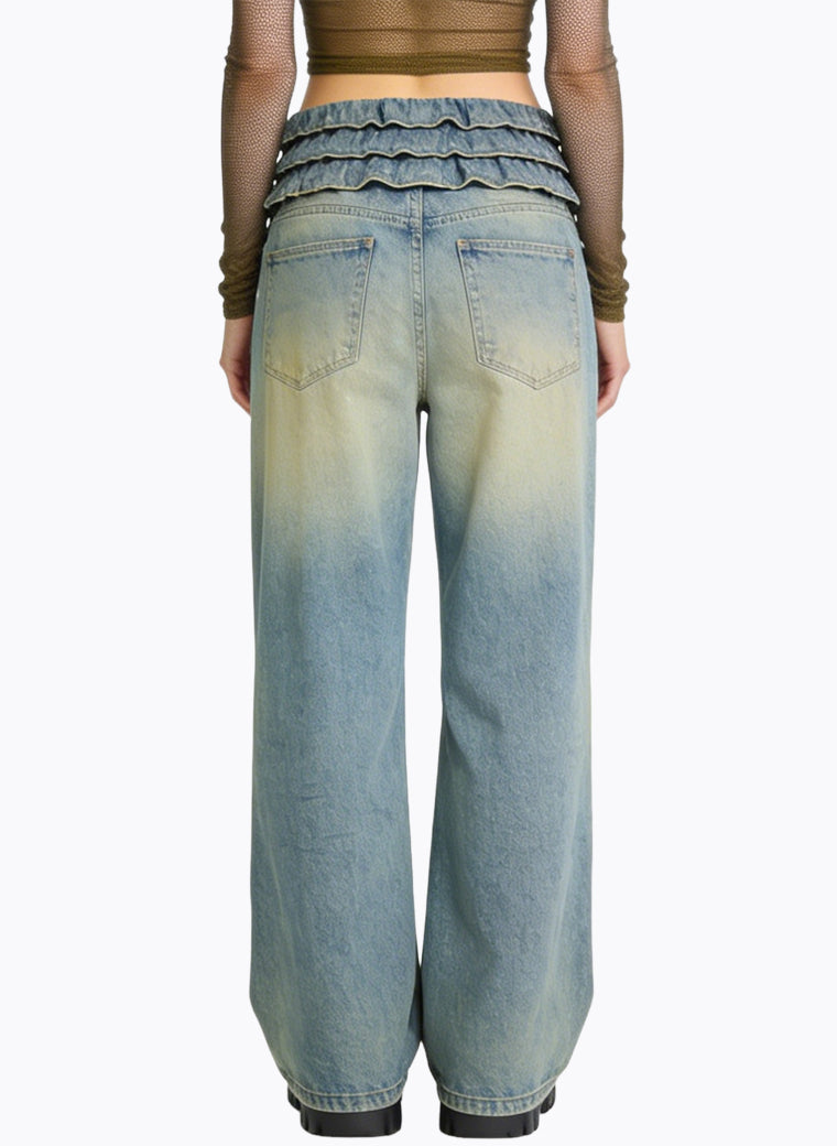 Women's Gathered-waist Fashionable Wide-leg Jeans