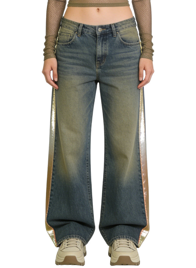 Women's Contrast-panel High-waist Wide-leg Jeans
