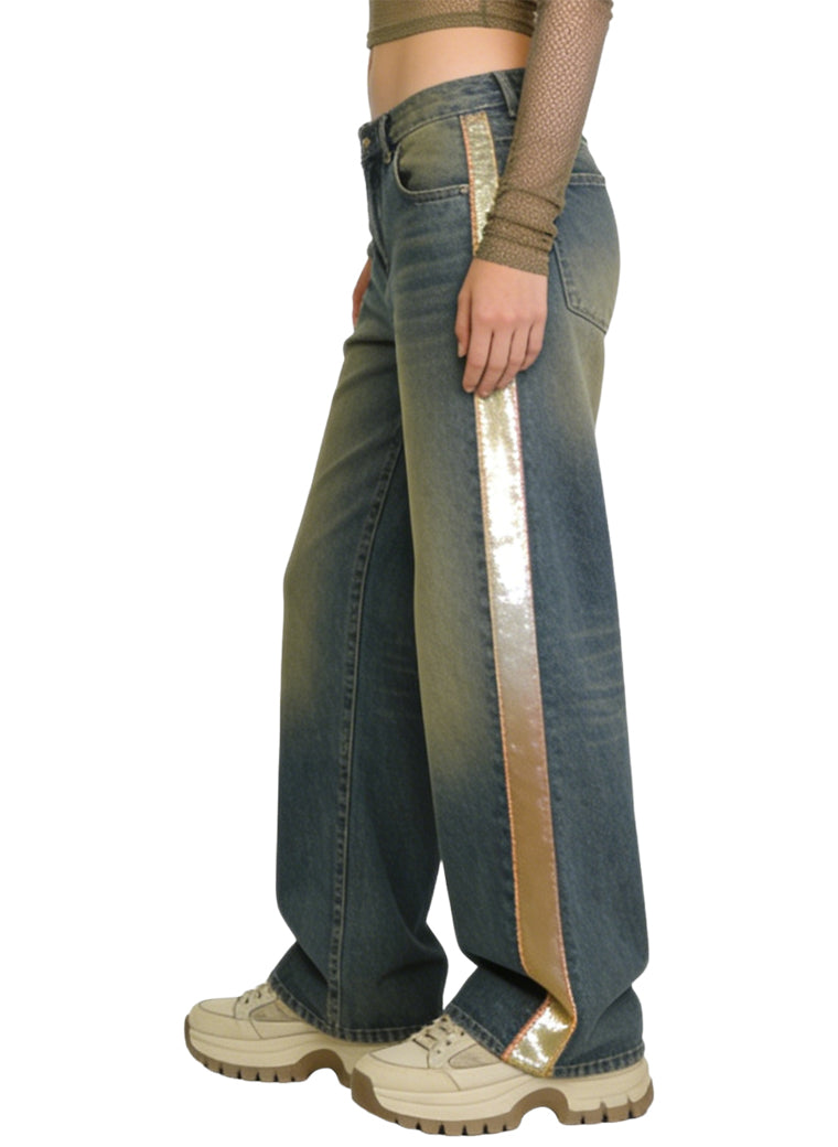 Women's Contrast-panel High-waist Wide-leg Jeans