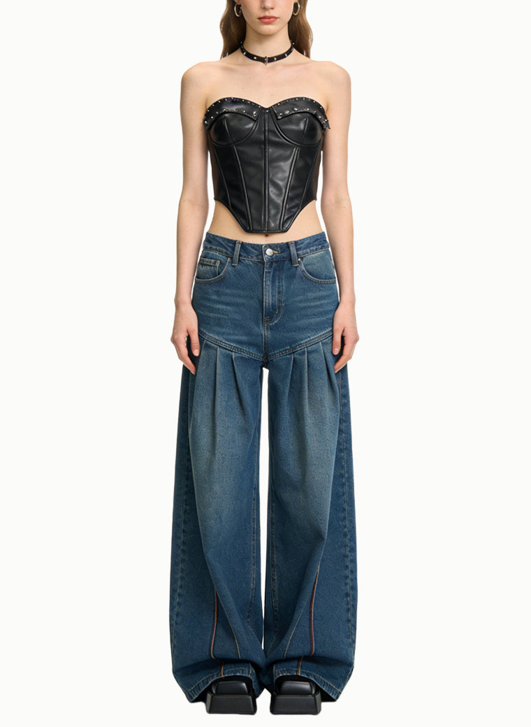 Women's Pleated High-waist Wide-leg Jeans