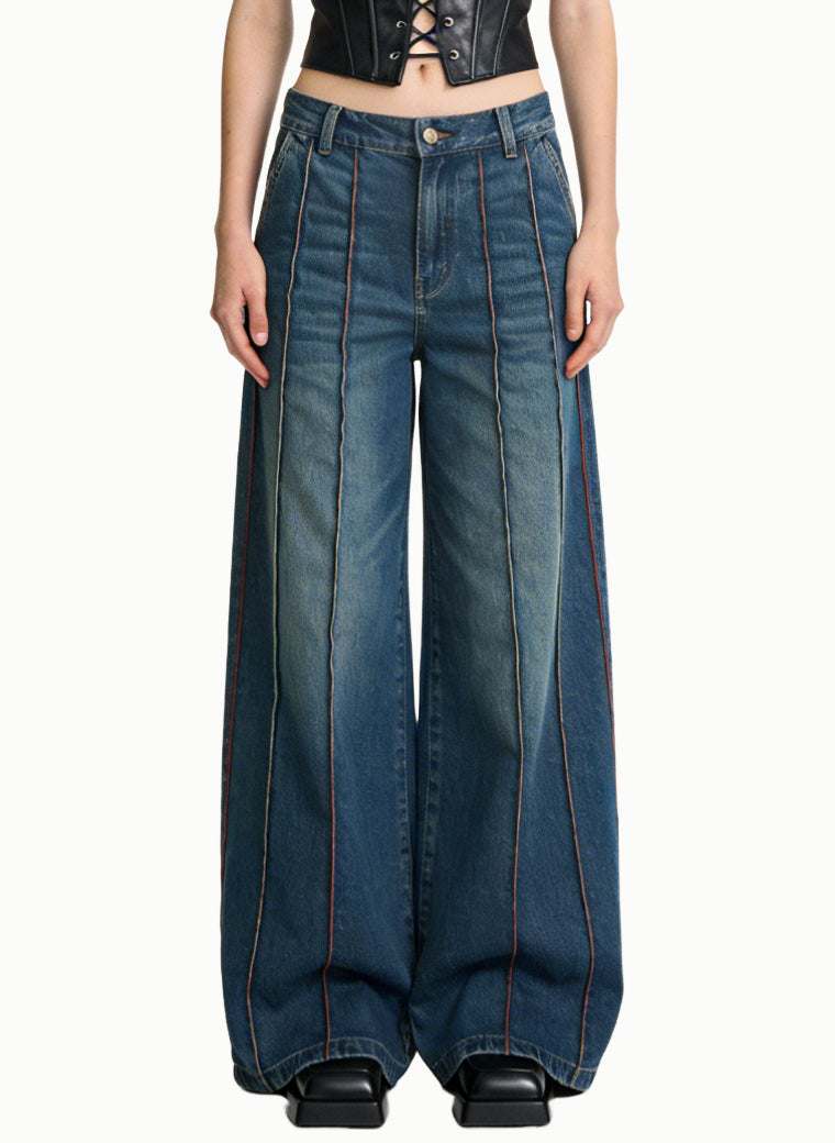 Women's Contrast-stitch High-waist Wide-leg Jeans