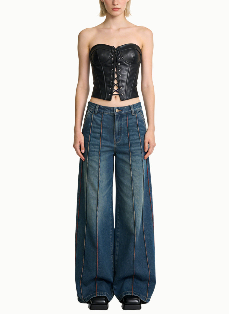 Women's Contrast-stitch High-waist Wide-leg Jeans