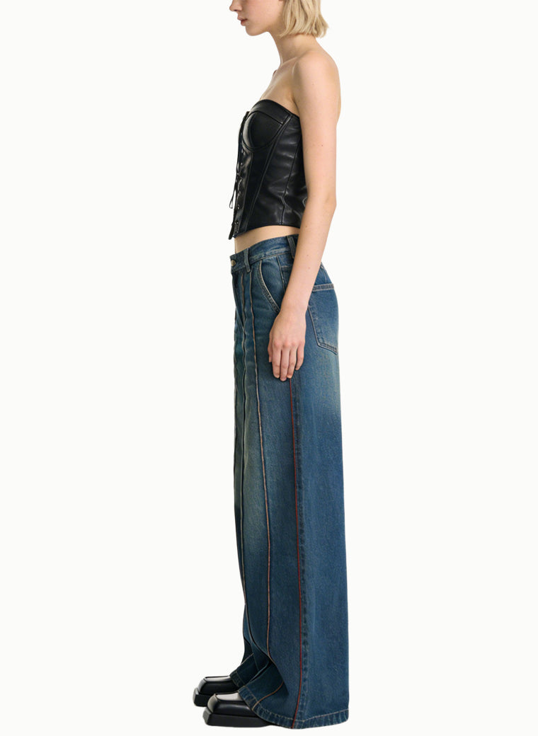 Women's Contrast-stitch High-waist Wide-leg Jeans