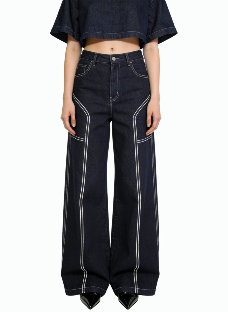 Women's Contrast-stitch Fashionable Wide-leg Jeans