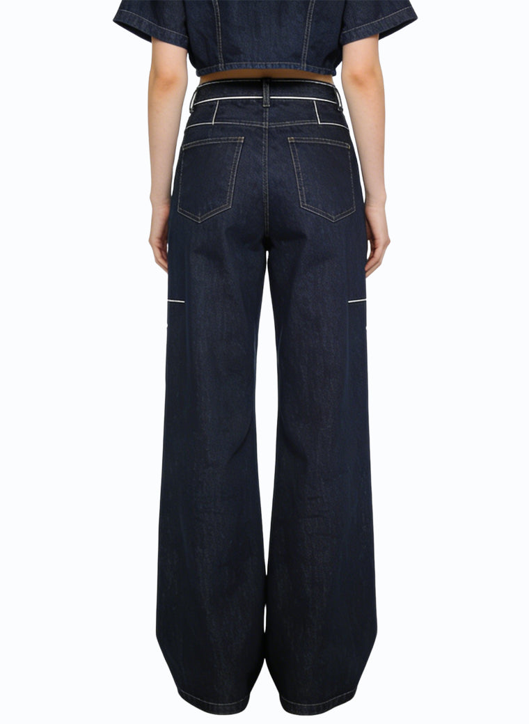 Women's Contrast-stitch High-waist Cargo Jeans