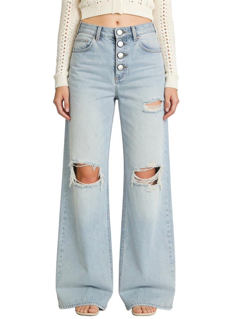 Women's Button-fly Distressed Wide-leg Jeans