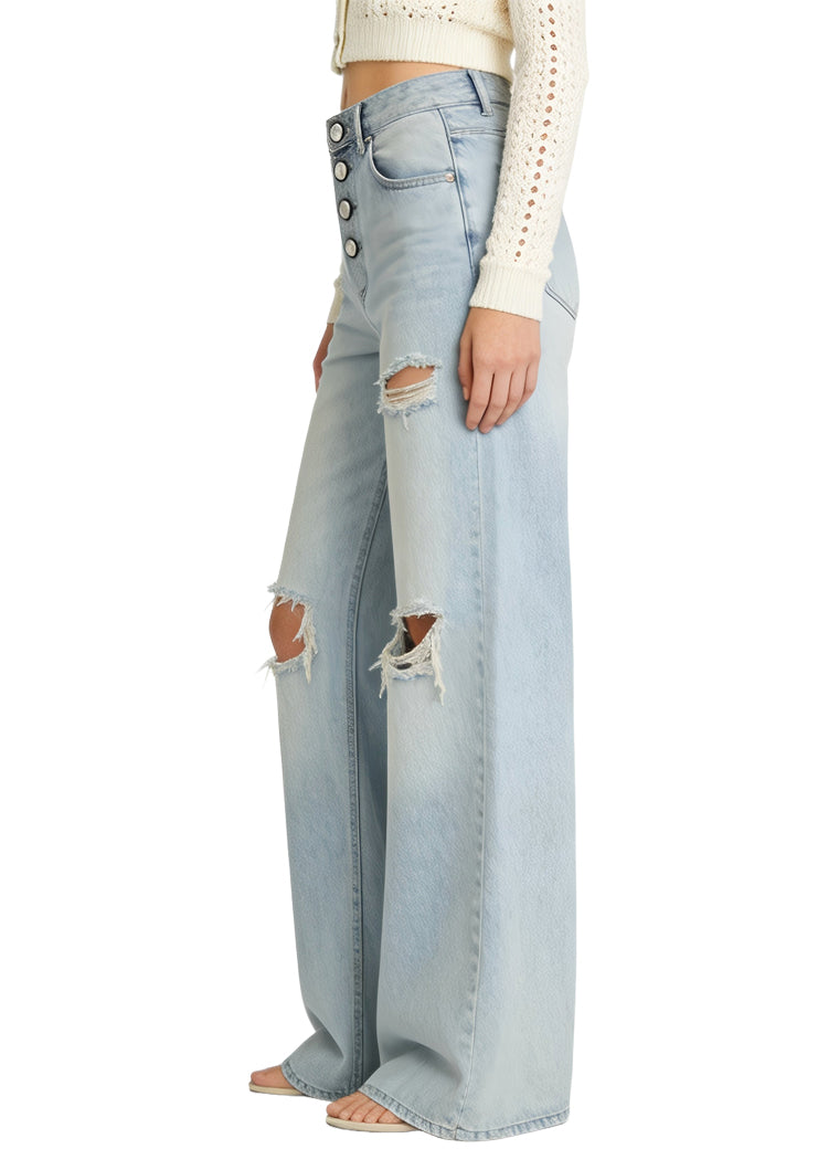 Women's Button-fly Distressed Wide-leg Jeans