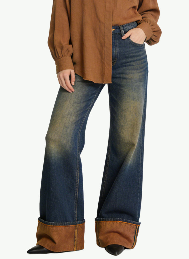 Women's Contrast-cuff High-waist Wide-leg Jeans