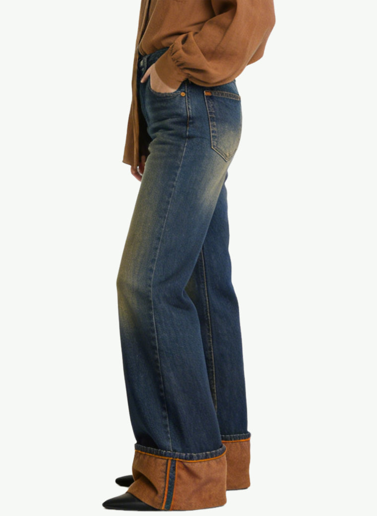 Women's Contrast-cuff High-waist Wide-leg Jeans