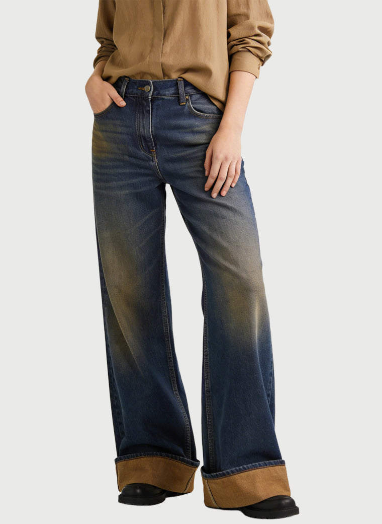 Women's Contrast-cuff Retro Wide-leg Jeans