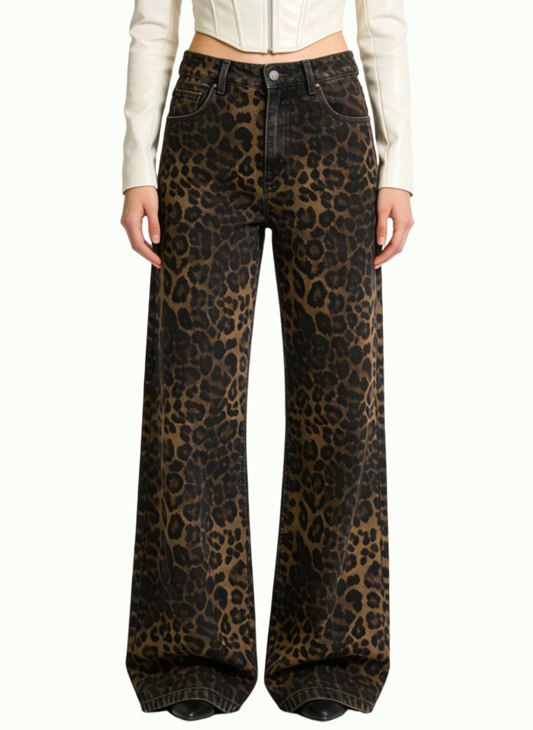 Women's Leopard-print High-waist Wide-leg Jeans