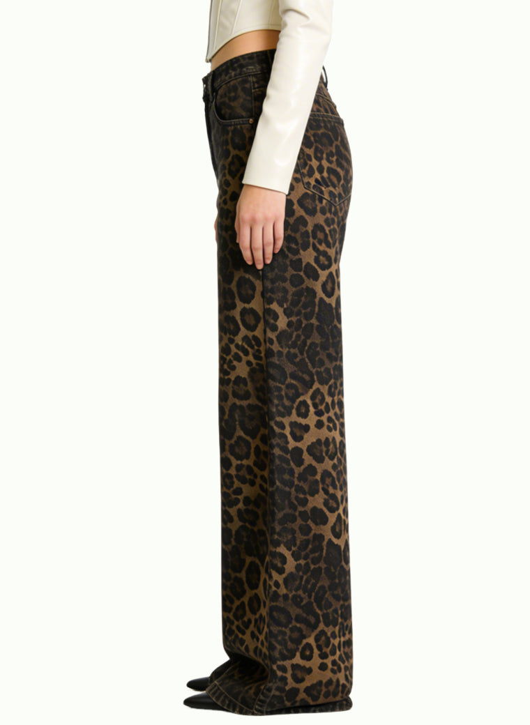 Women's Leopard-print High-waist Wide-leg Jeans