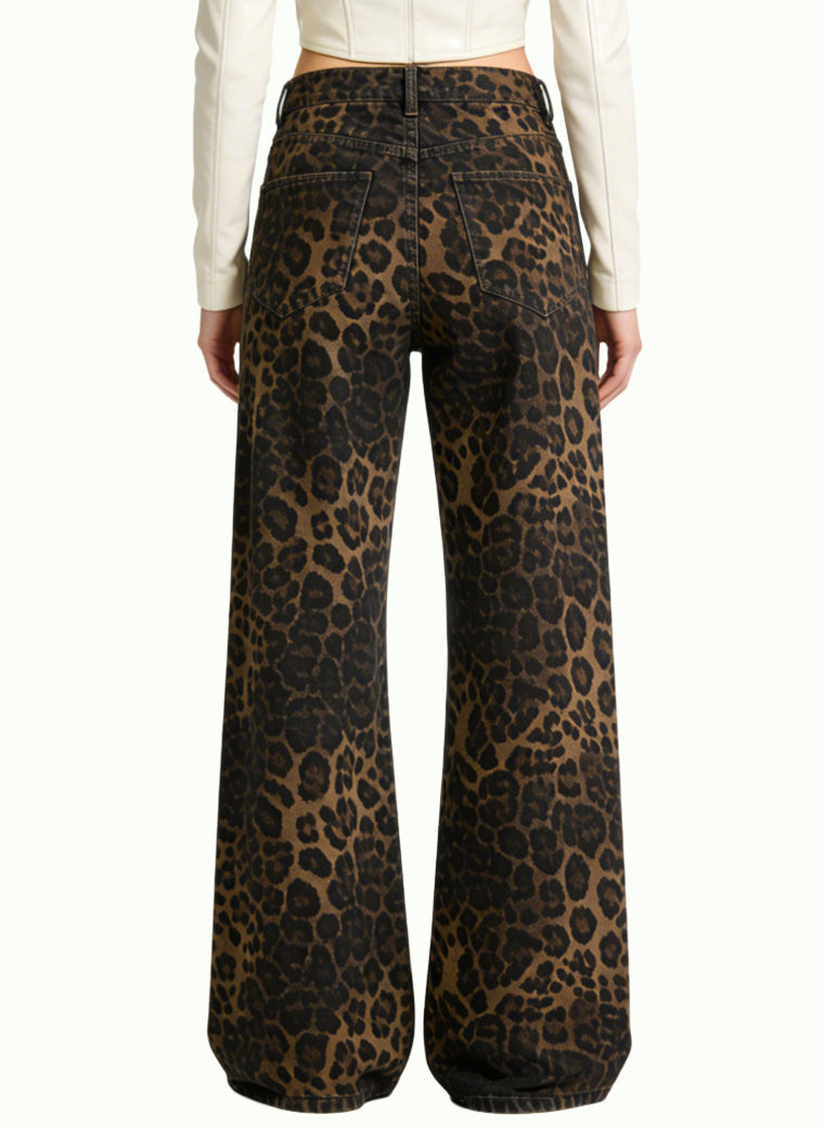 Women's Leopard-print High-waist Wide-leg Jeans
