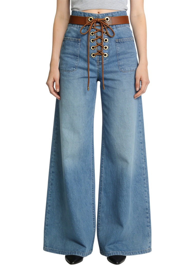 Women's Lace-up Front High-waist Wide-leg Jeans