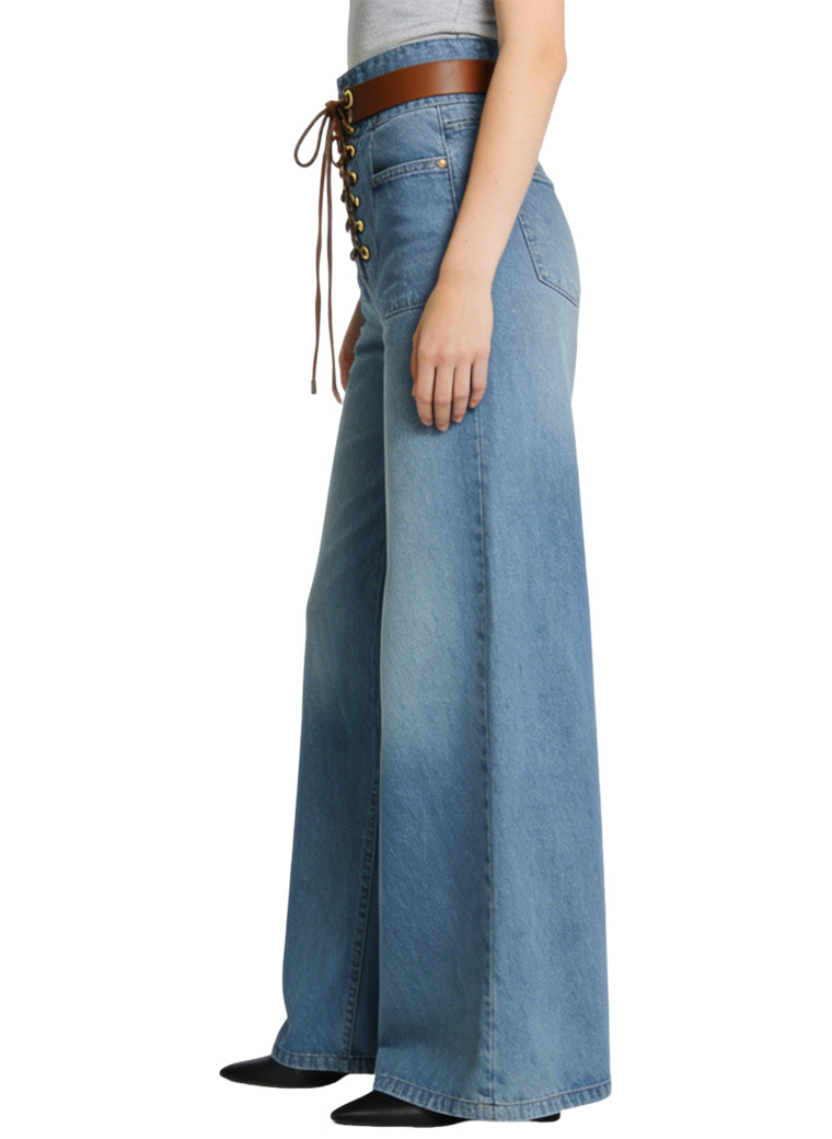 Women's Lace-up Front High-waist Wide-leg Jeans