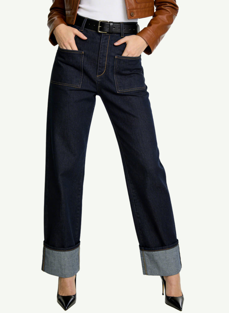 Women's Cuffed Hem High-waist Wide-leg Jeans