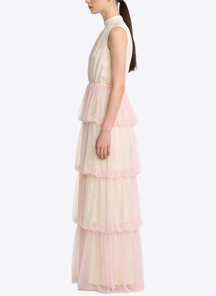Gentle Romantic Stand Collar Sleeveless Long Dress