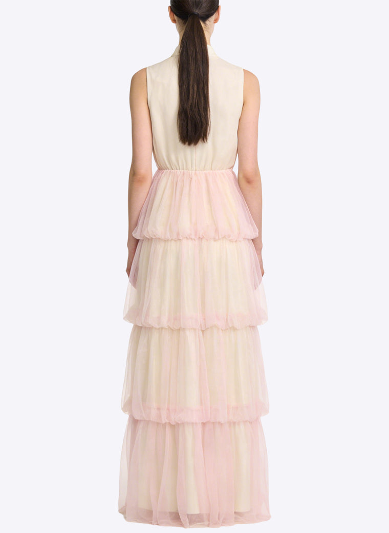 Gentle Romantic Stand Collar Sleeveless Long Dress