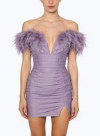 Fashion Deep V-Neck Feather Decor Party Dress