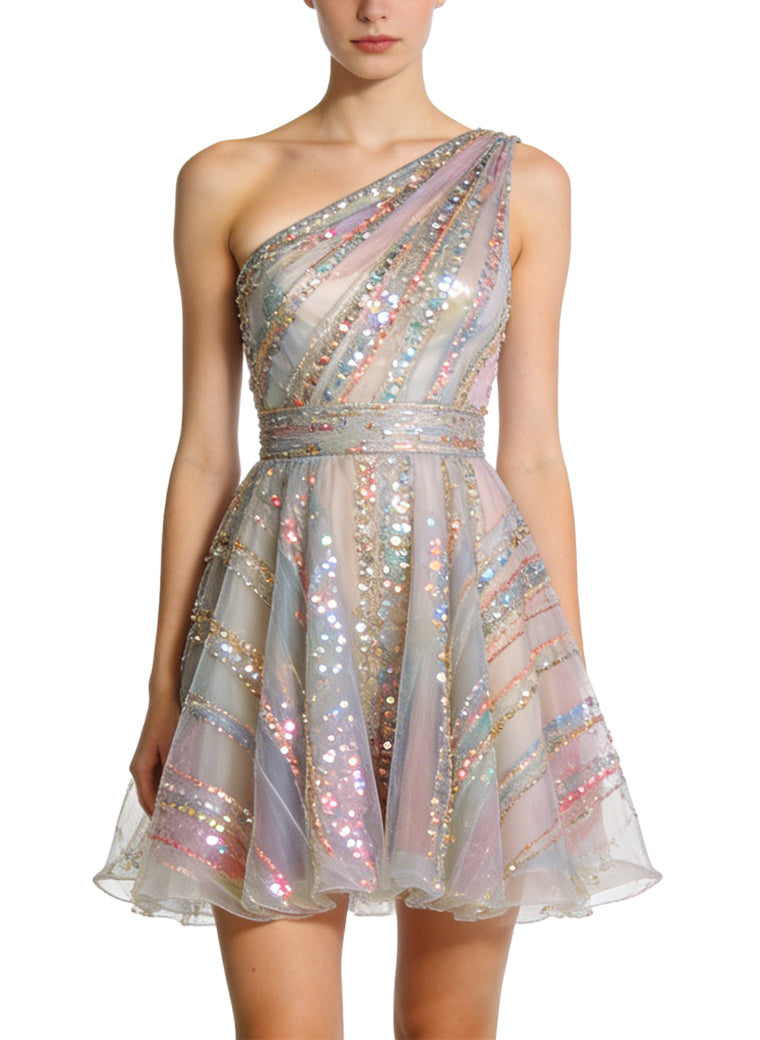 Fashion Asymmetrical Shoulder A-Line Mini Evening Dress