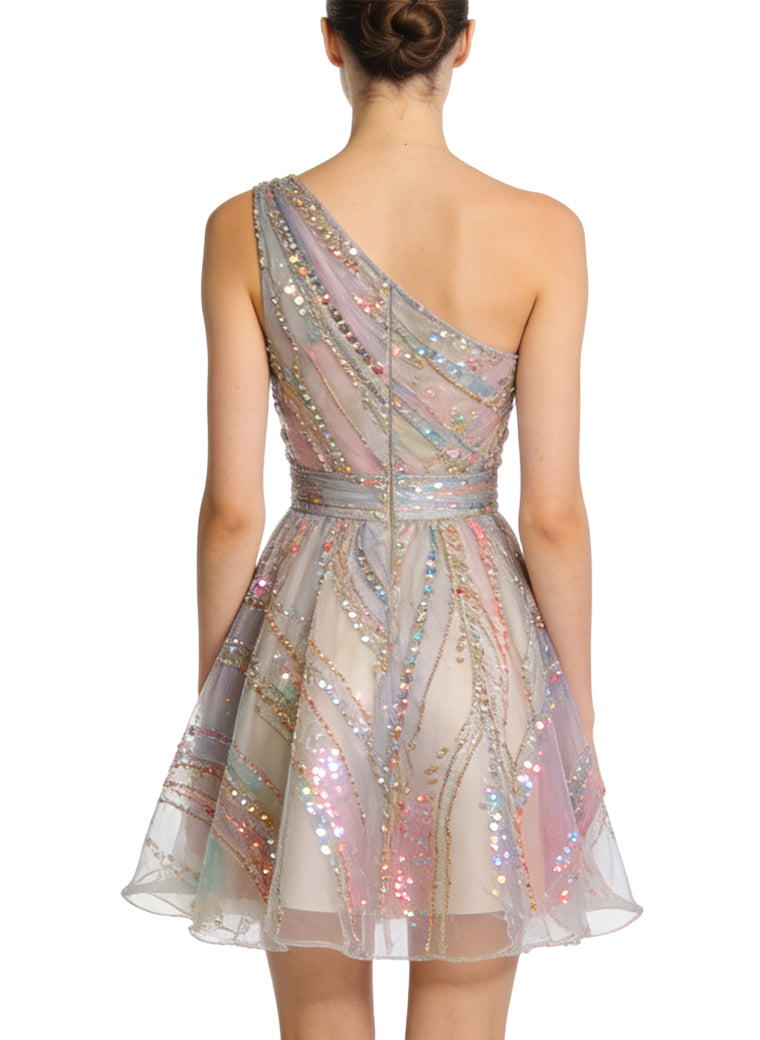 Fashion Asymmetrical Shoulder A-Line Mini Evening Dress