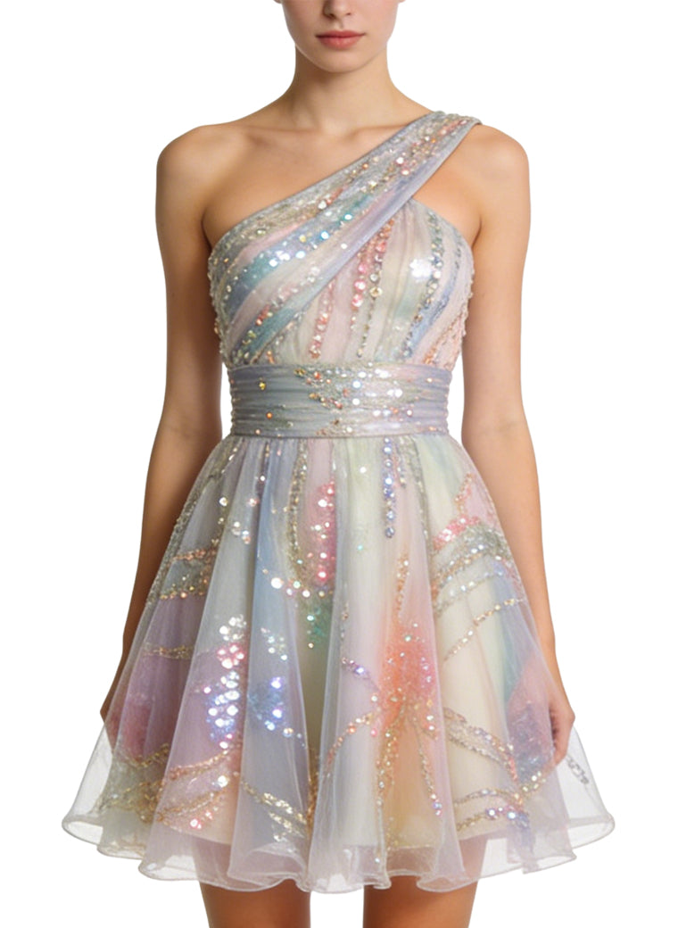 Romantic Asymmetrical Shoulder Waisted A-Line Mini Dress