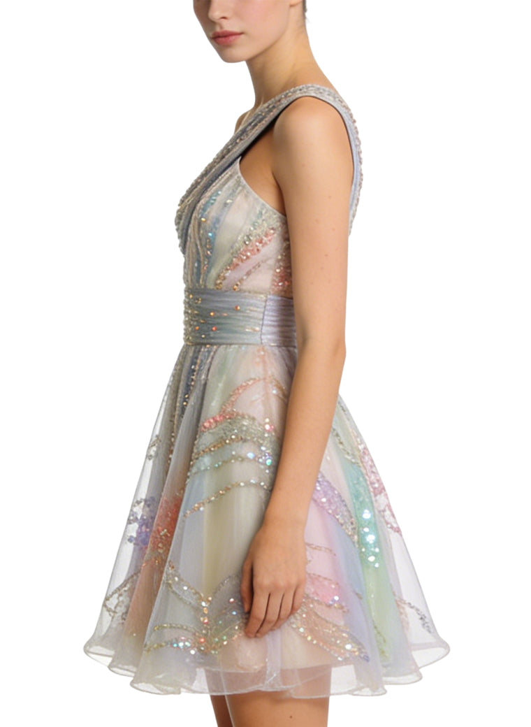 Romantic Asymmetrical Shoulder Waisted A-Line Mini Dress