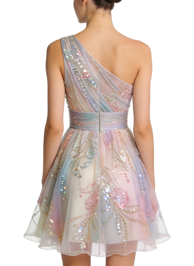 Romantic Asymmetrical Shoulder Waisted A-Line Mini Dress