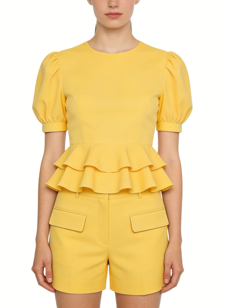 Women's Ruffled Hem Puff-sleeve Short Sleeve Top