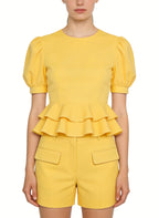 Women's Ruffled Hem Puff-sleeve Short Sleeve Top