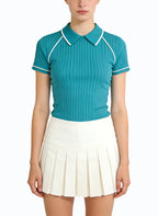 Women's Peter Pan Collar Pleated Short Sleeve Top