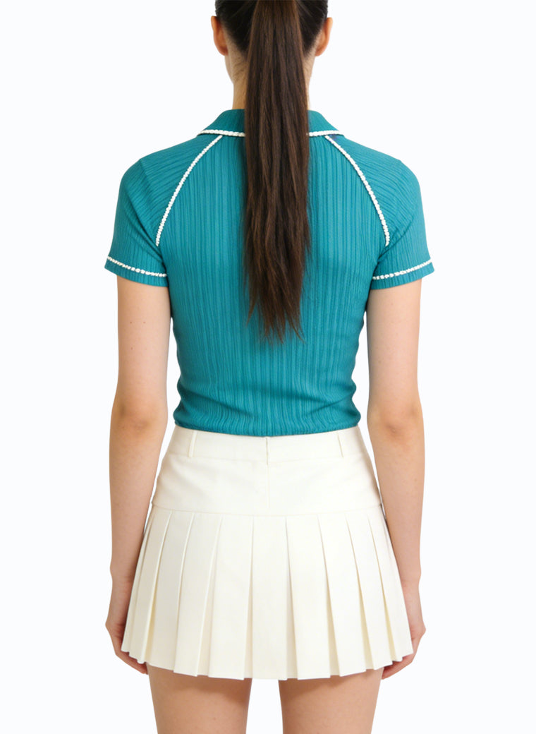 Women's Peter Pan Collar Pleated Short Sleeve Top