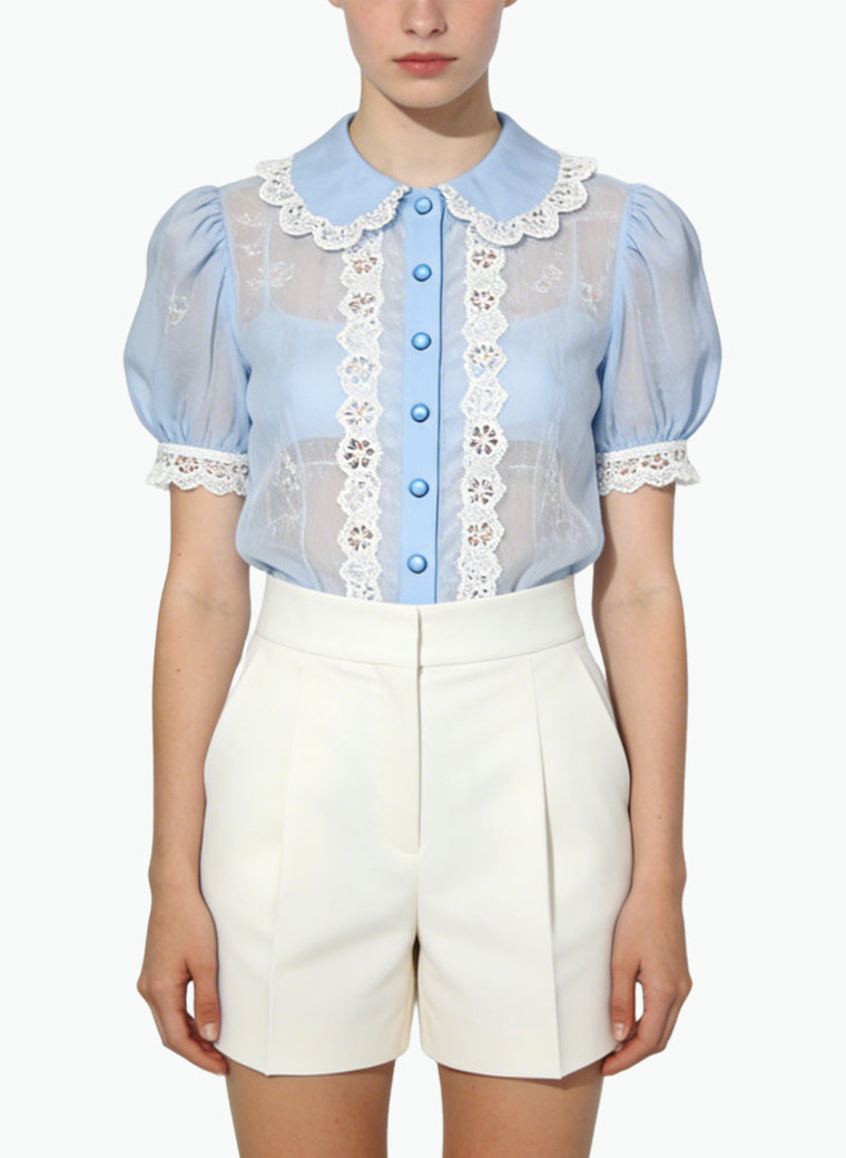Women's Sheer Lace-trim Peter Pan Collar Top