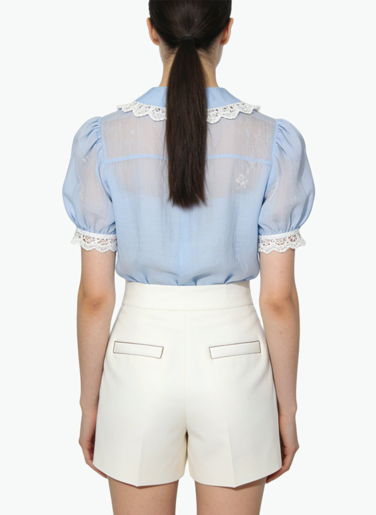 Women's Sheer Lace-trim Peter Pan Collar Top